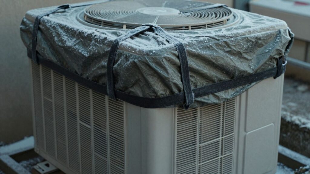 AC unit covered for winter protection in Cary, NC