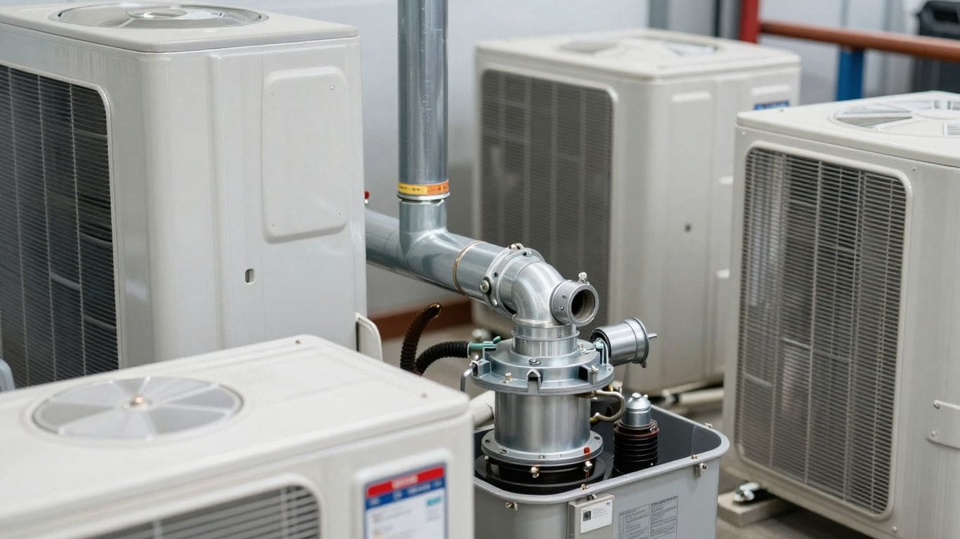 HVAC system components: furnace, AC unit, ductwork.