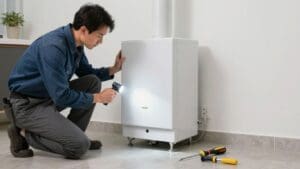 Homeowner checking furnace with flashlight and tools.