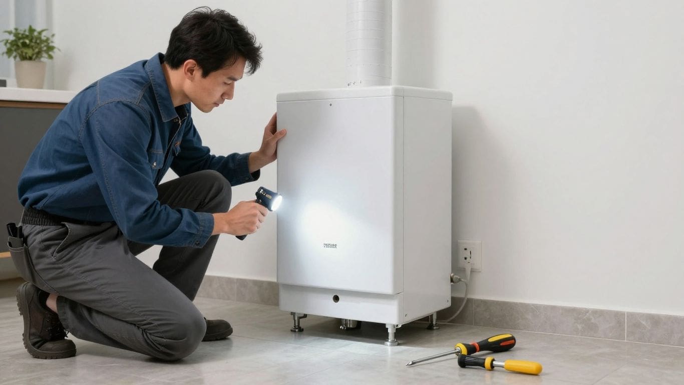 Homeowner checking furnace with flashlight and tools.