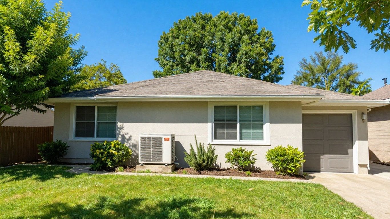Home with AC unit on a sunny summer day.