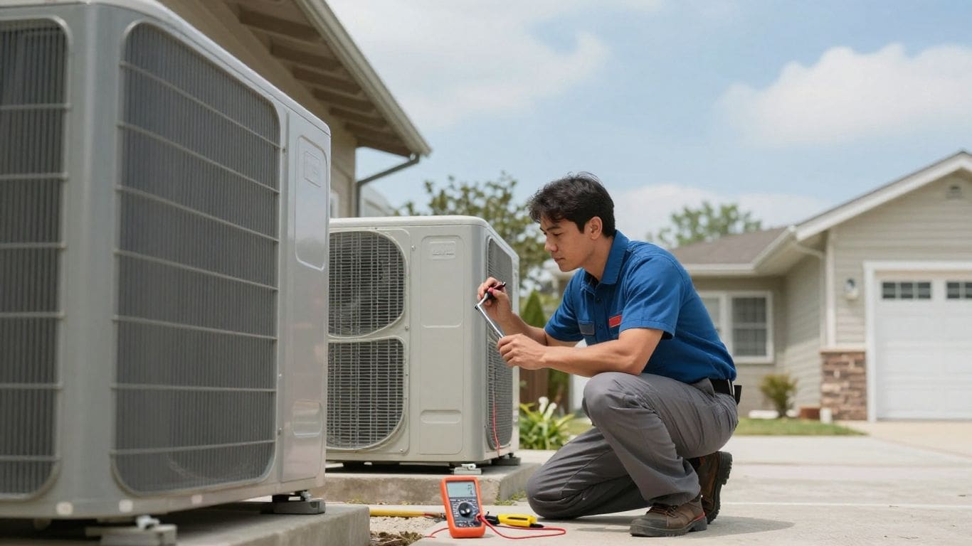 Homeowner troubleshooting an outdoor HVAC unit with tools.