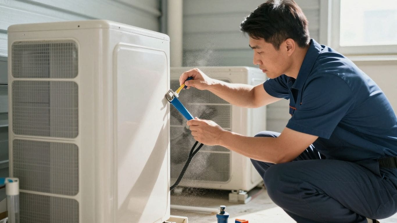 Homeowner troubleshooting an HVAC unit with tools.