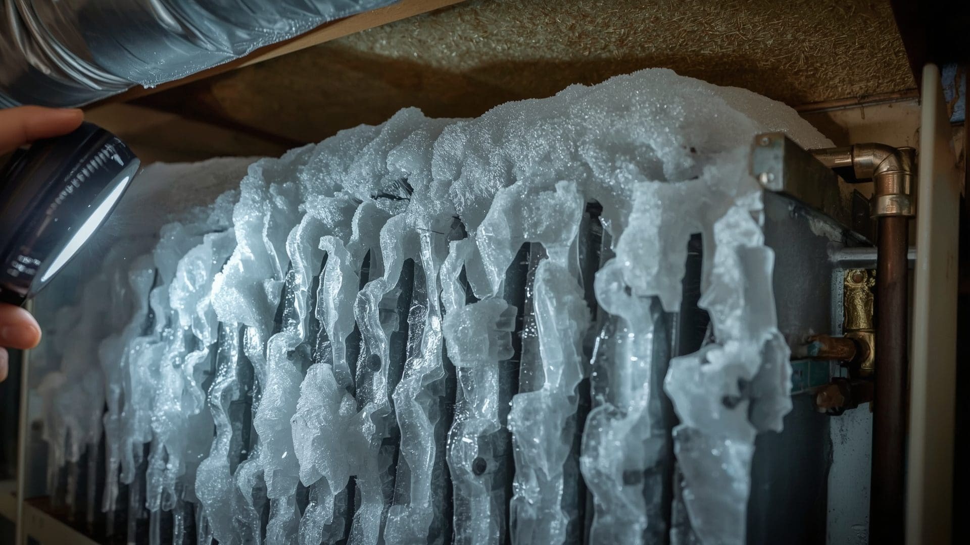 Frozen evaporator coils with ice buildup inside residential AC unit