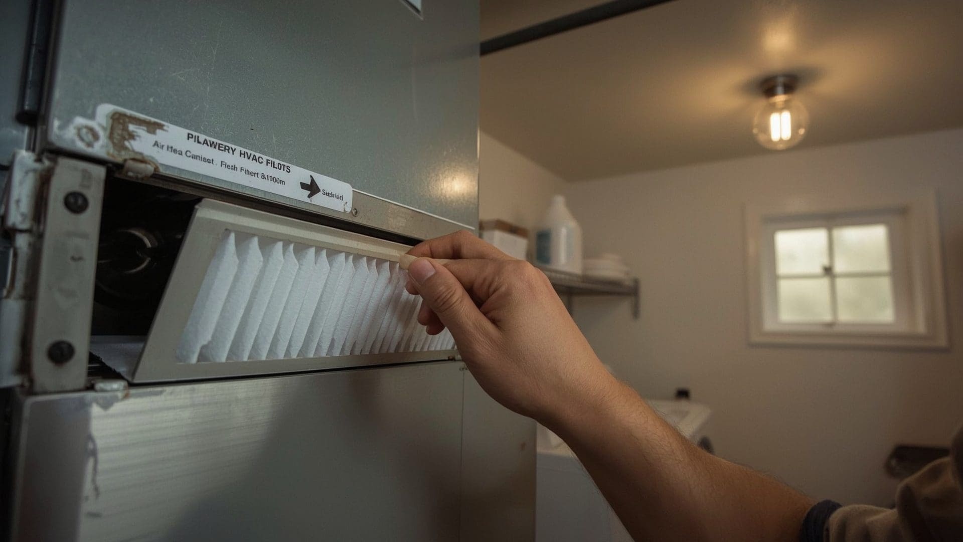 Hands inserting fresh pleated AC filter into HVAC air handler unit slot