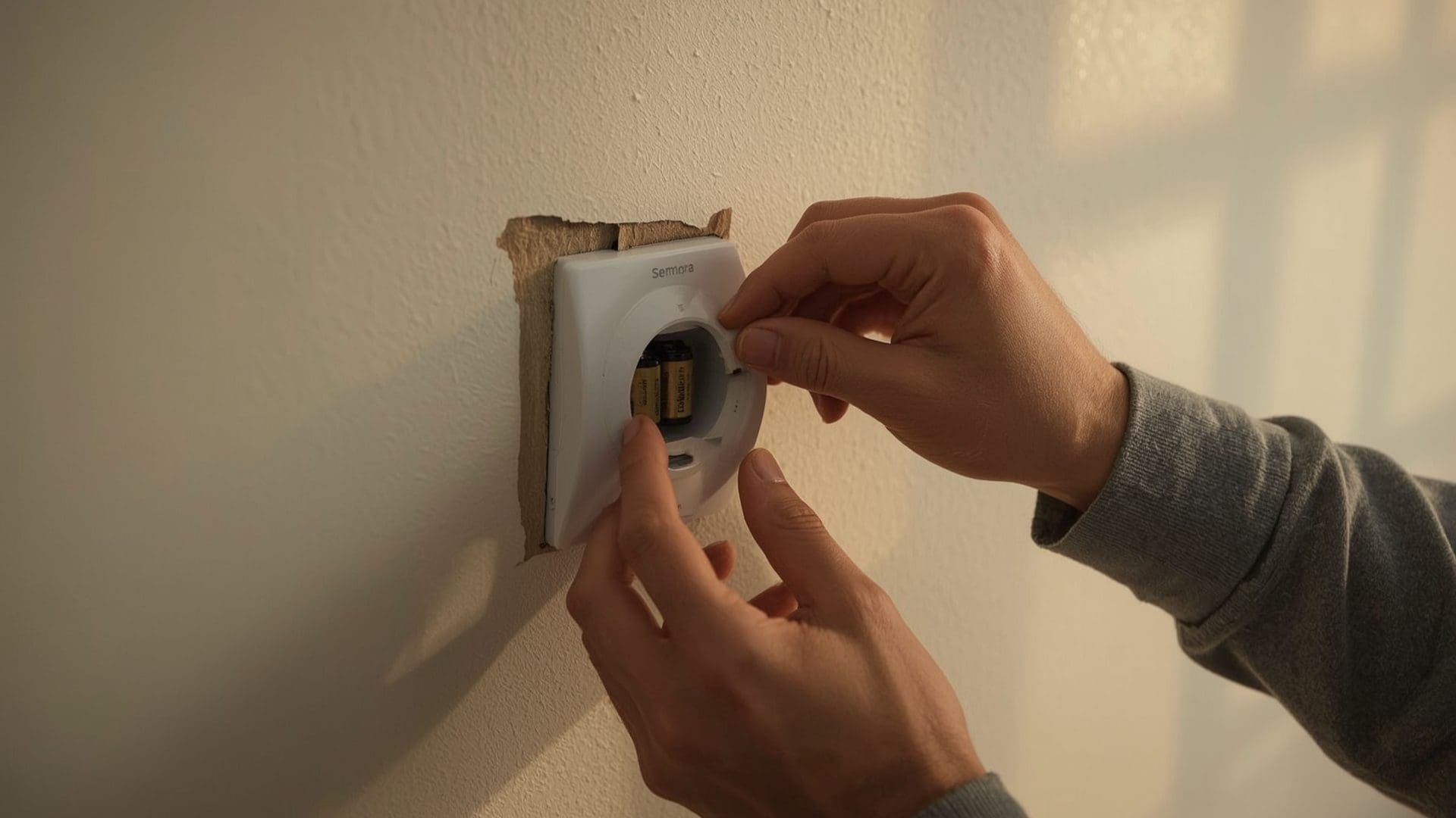 Hands removing thermostat faceplate revealing corroded AA batteries in wall-mounted compartment