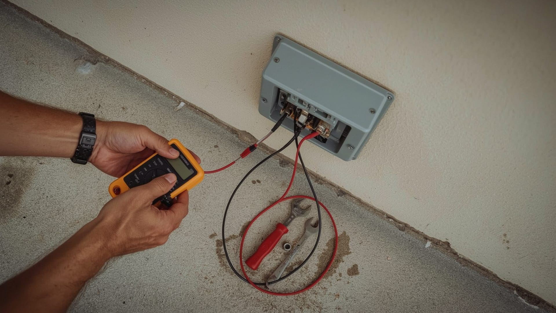 Hands using multimeter to troubleshoot AC compressor electrical disconnect box