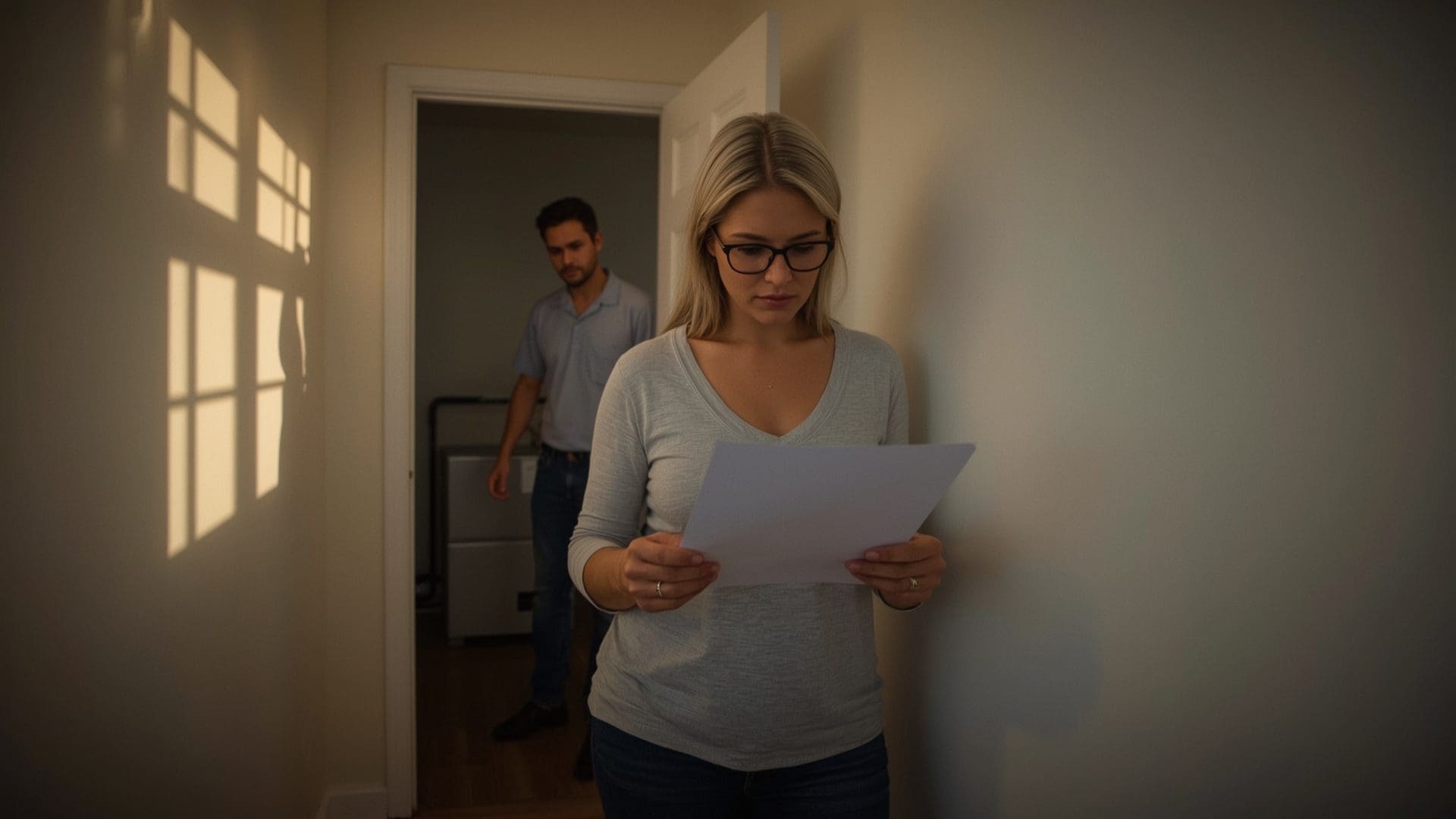 Homeowner reviewing AC refrigerant leak repair invoice with HVAC technician