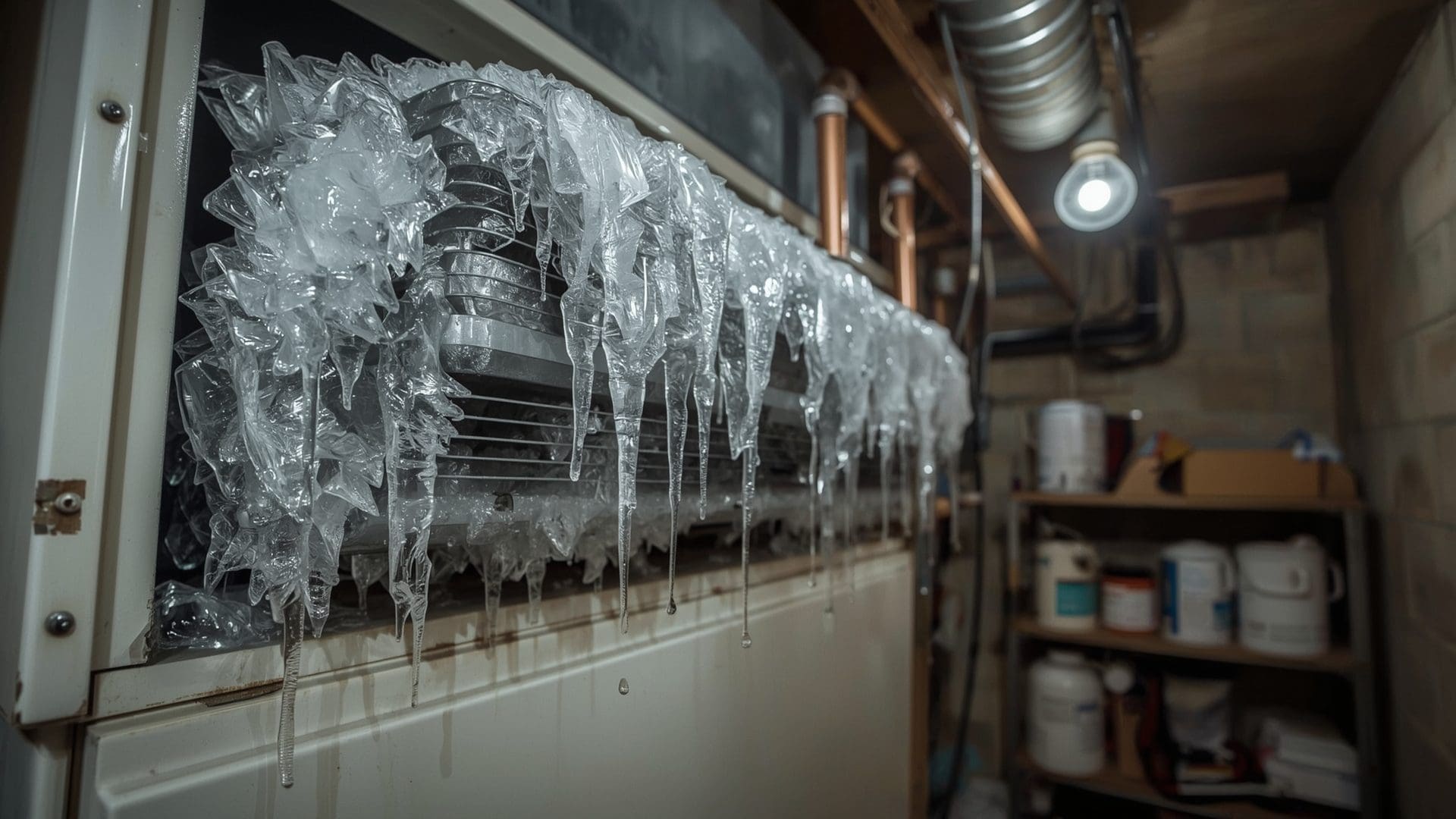 Ice buildup on residential AC evaporator coil indicating refrigerant leak signs