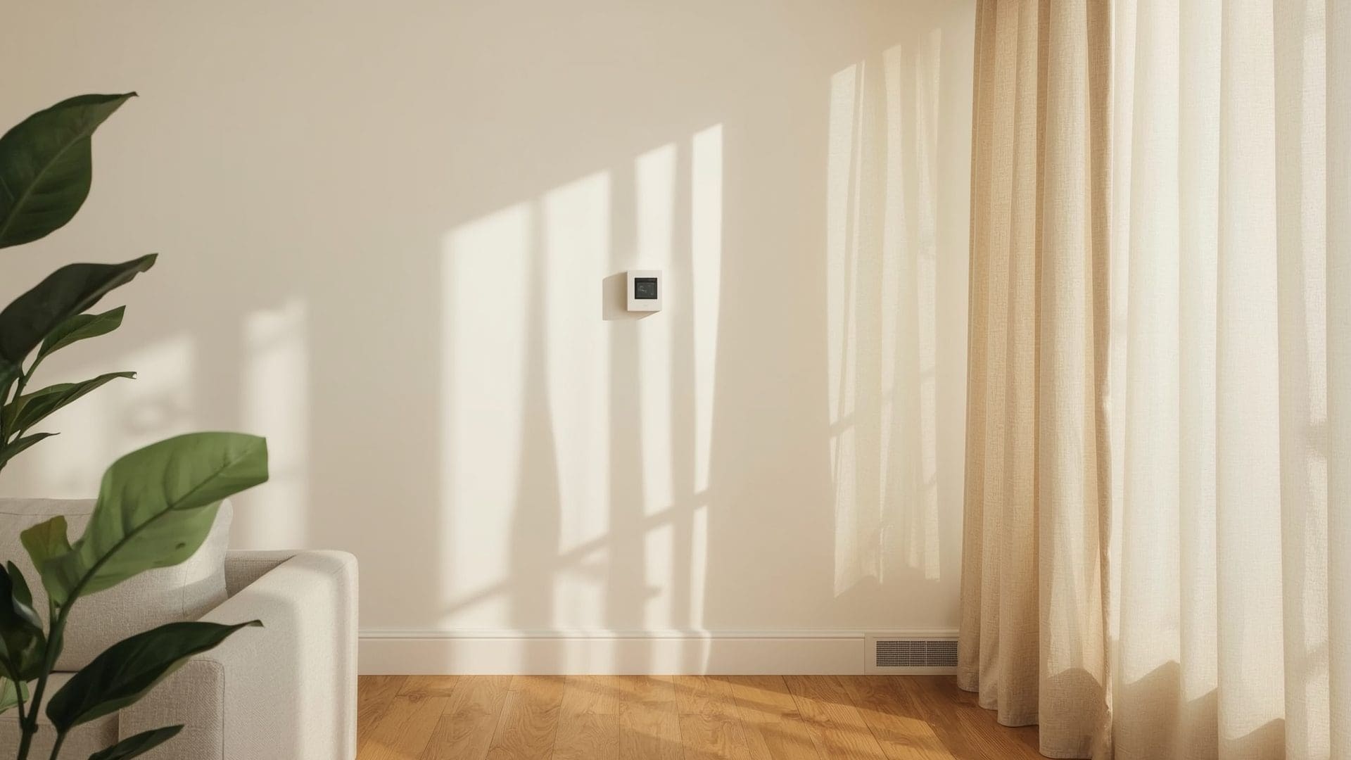 Living room interior showing thermostat placement on wall near window and floor vent