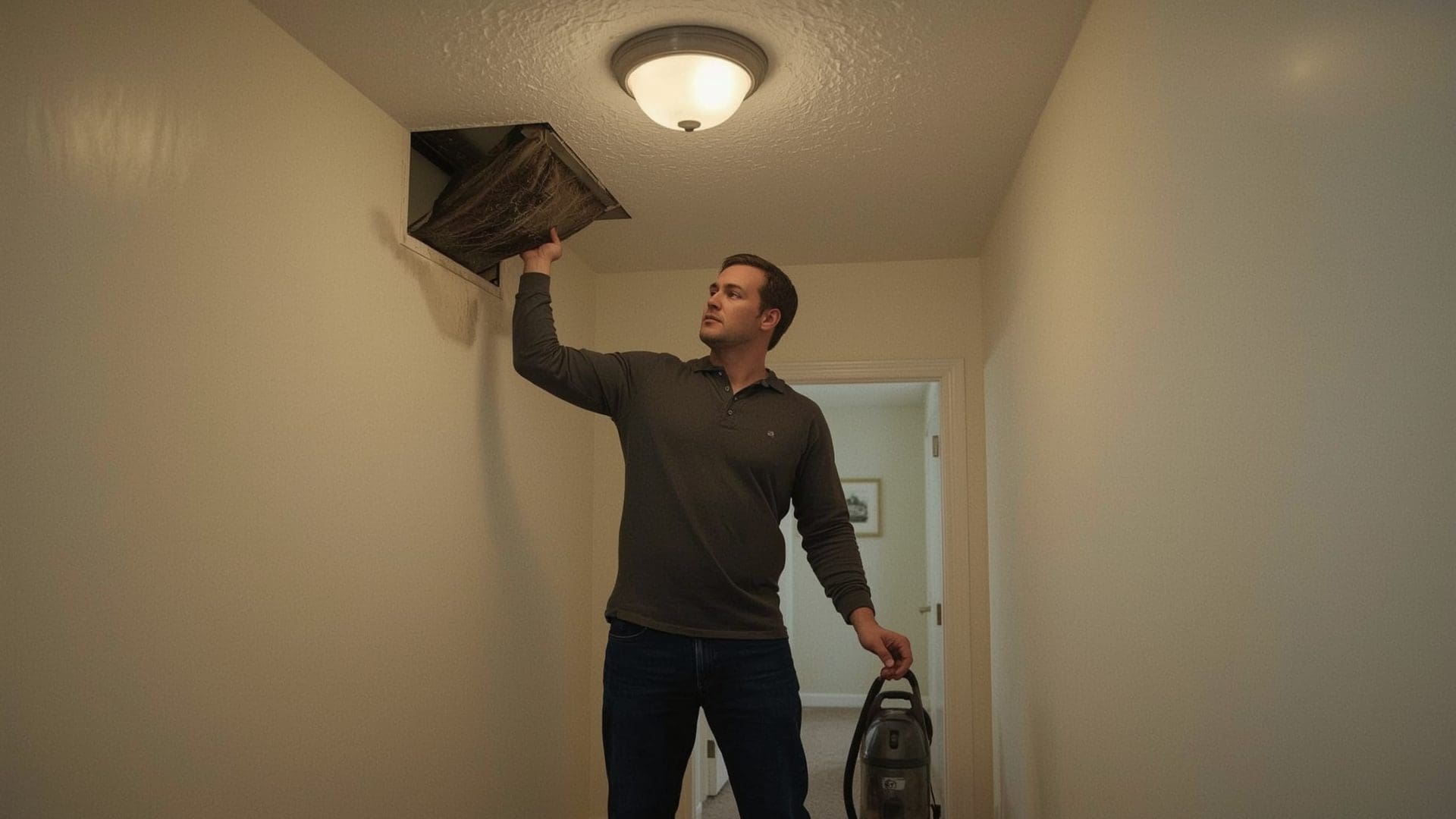 Man removing dark dirty AC filter from return air vent in home hallway