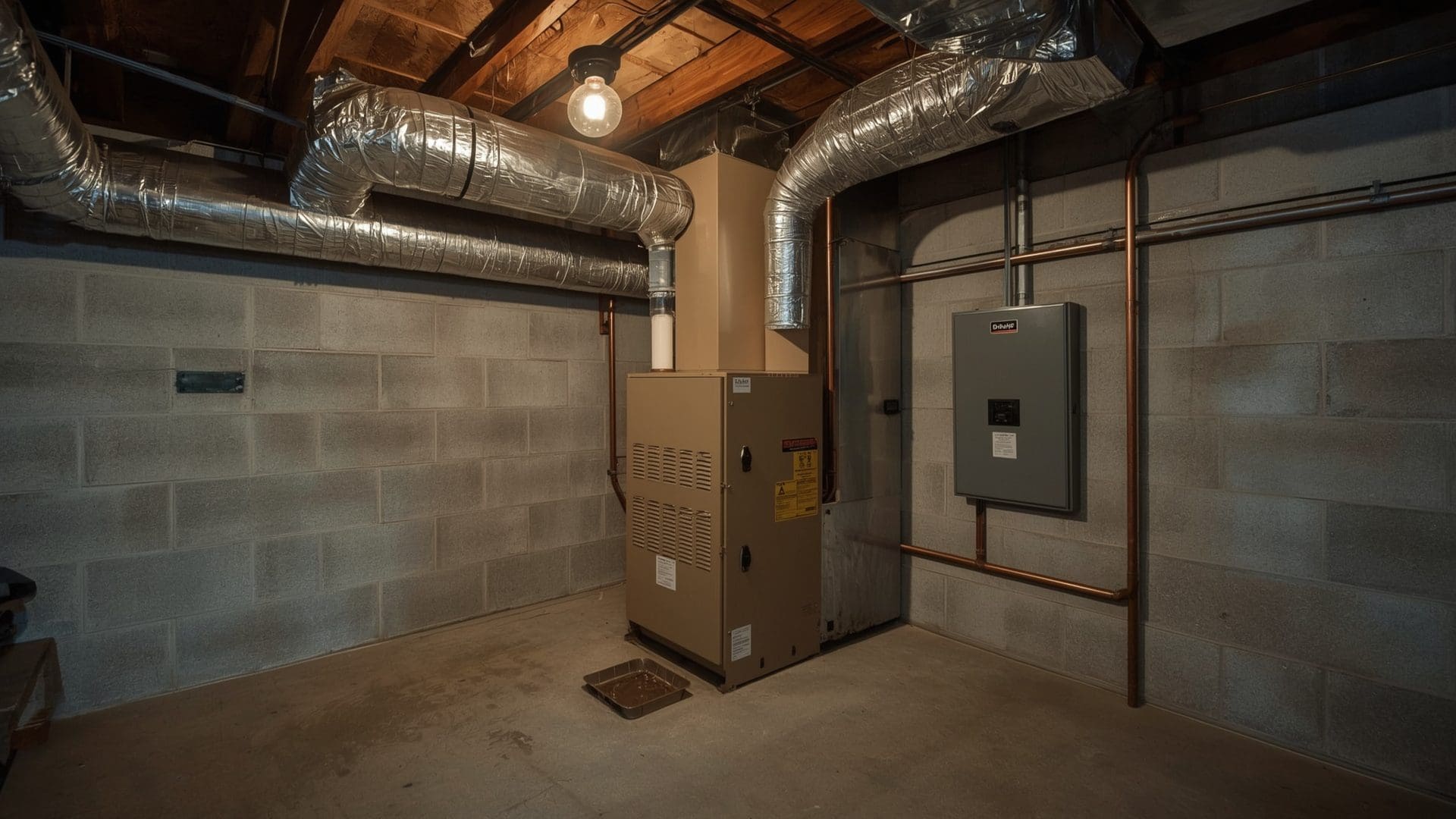 Residential basement furnace with copper tubing and ductwork under harsh utility lighting