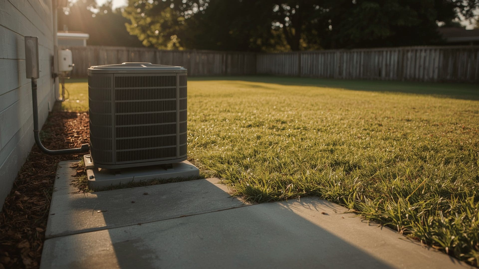 Residential outdoor AC condenser unit with clear maintenance buffer around it