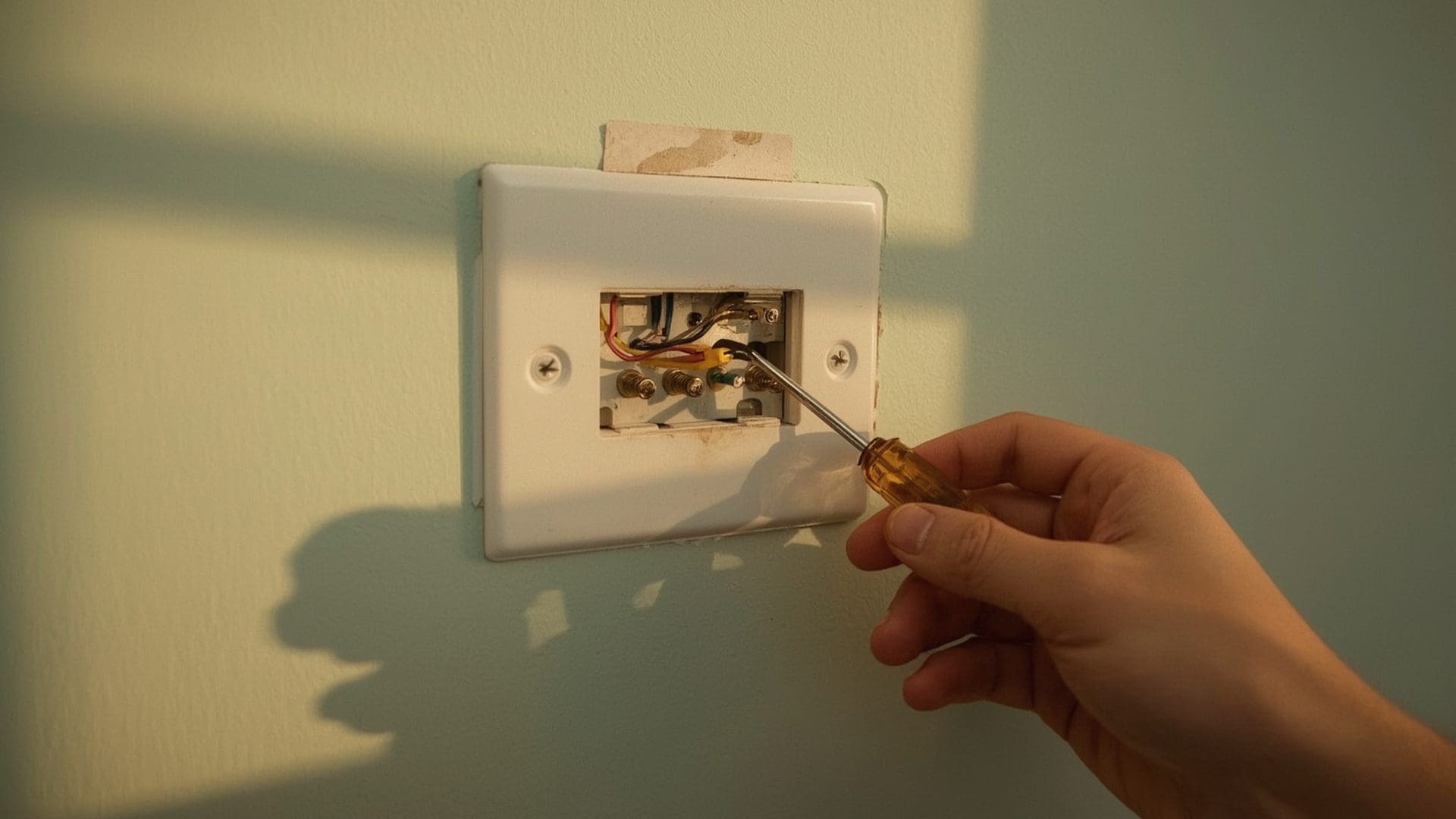 Thermostat wall plate showing color-coded wires with screwdriver tightening a loose terminal