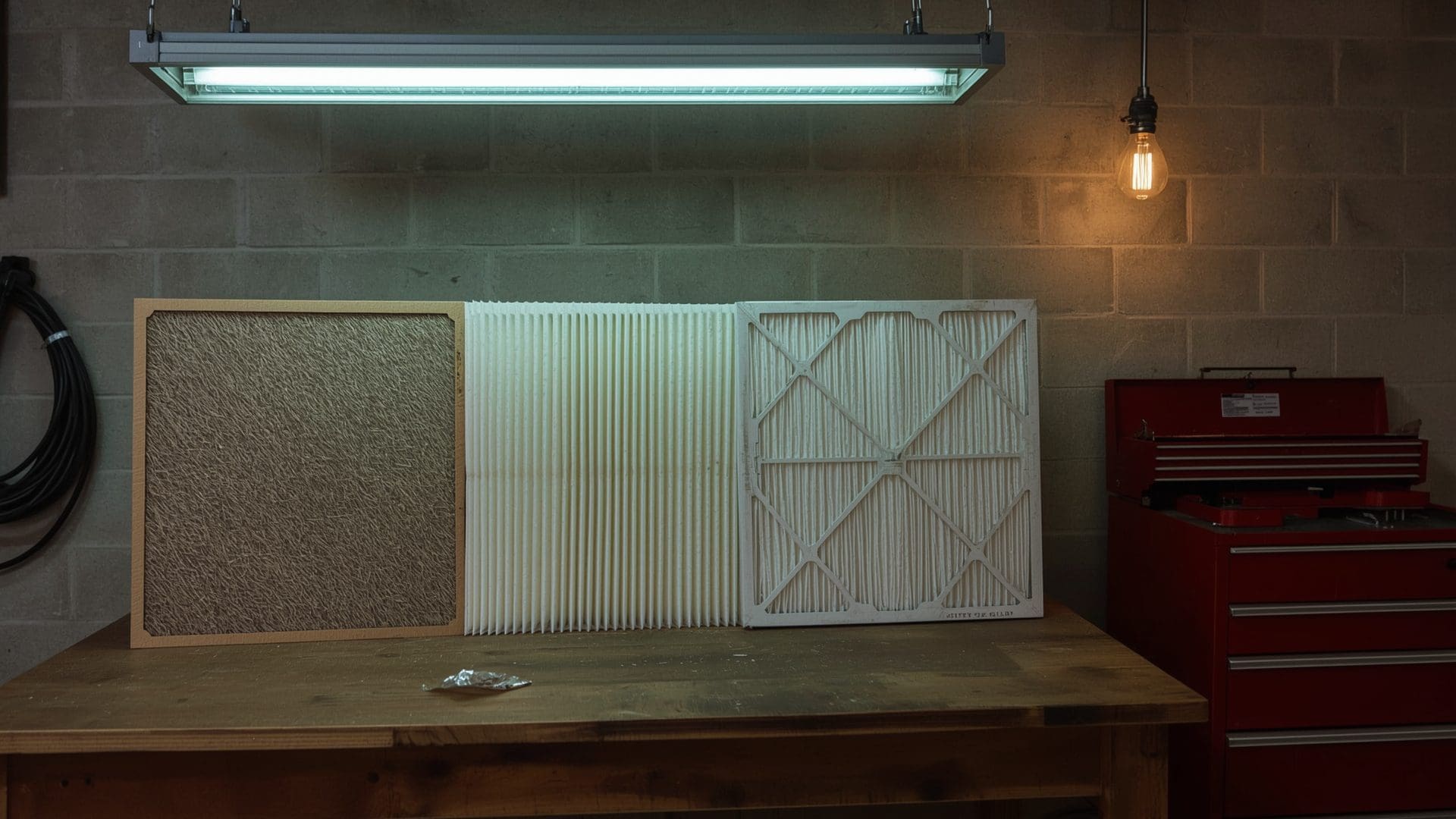 Three AC filter types fiberglass pleated and HEPA compared on workbench