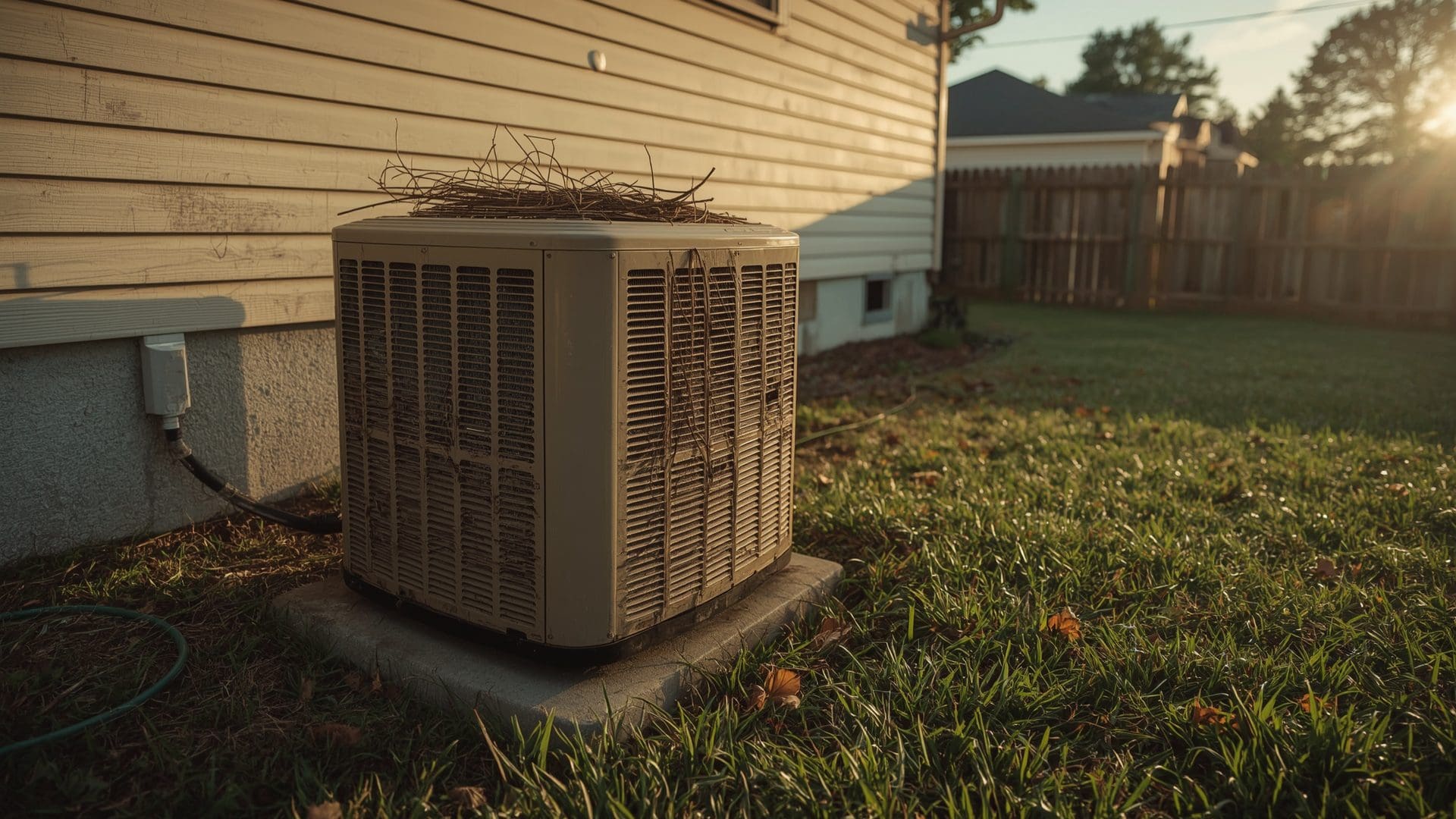Weathered outdoor AC condenser unit beside suburban home in afternoon light