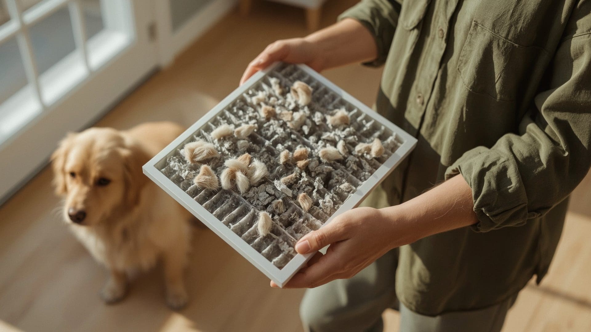 Woman holding dirty AC filter covered in pet hair with dog in background
