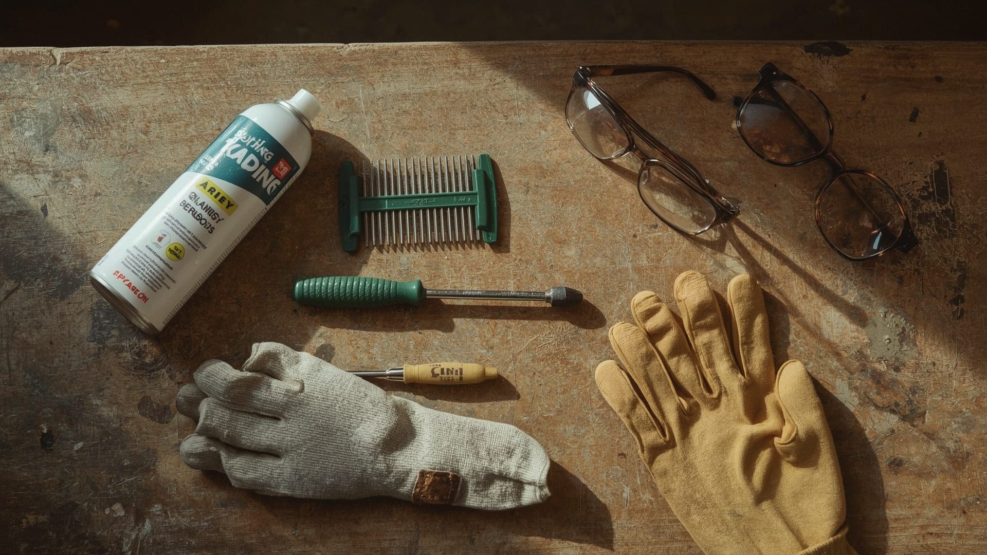 AC condenser coil cleaning tools and supplies arranged on weathered workbench overhead view