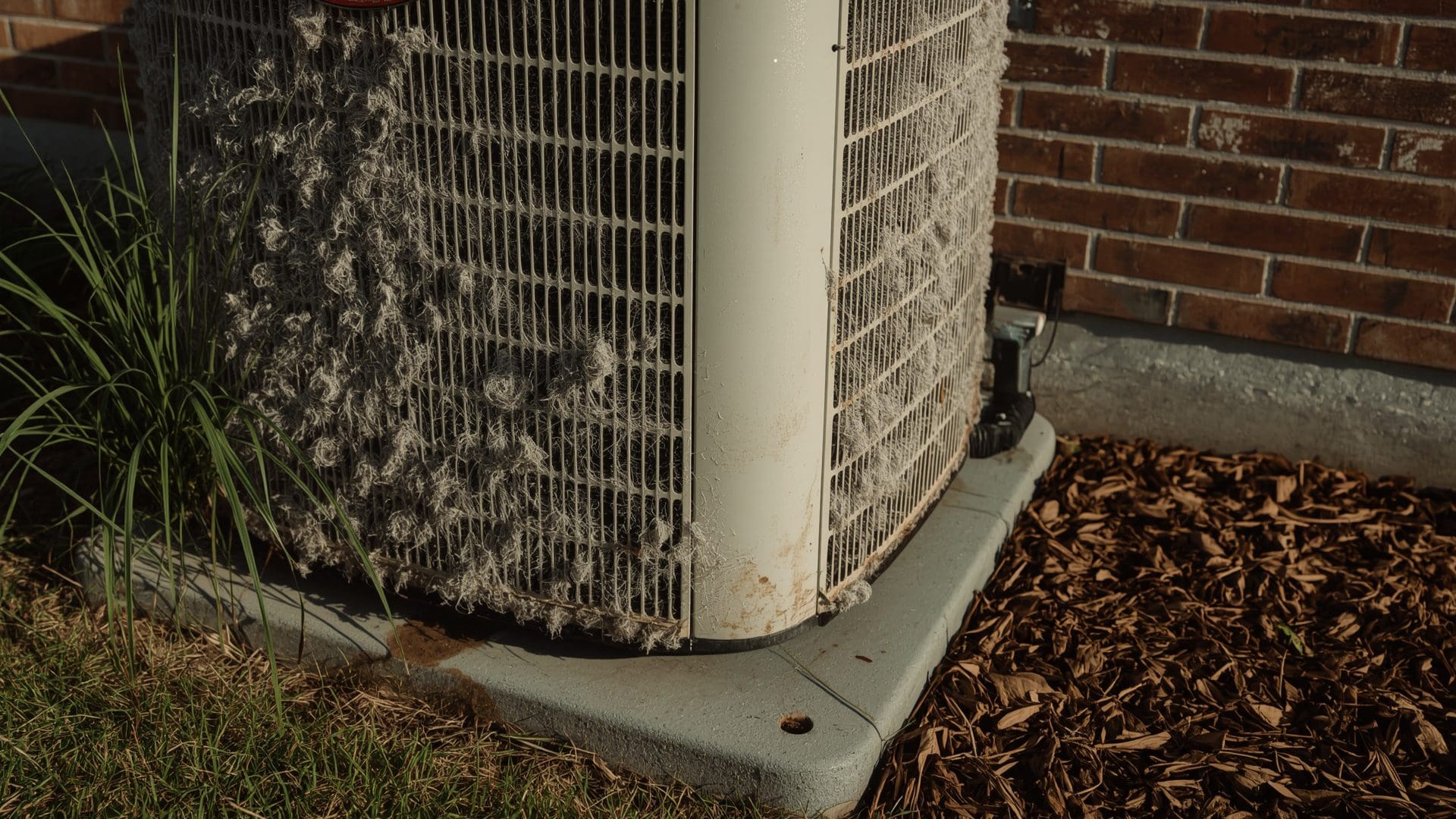 Dirty residential AC condenser unit with debris-clogged aluminum fins outdoors