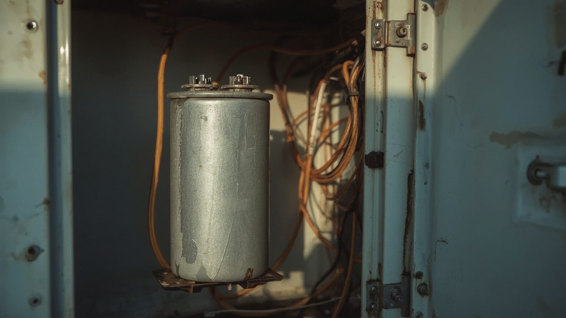 dual run capacitor inside outdoor AC condenser unit electrical compartment