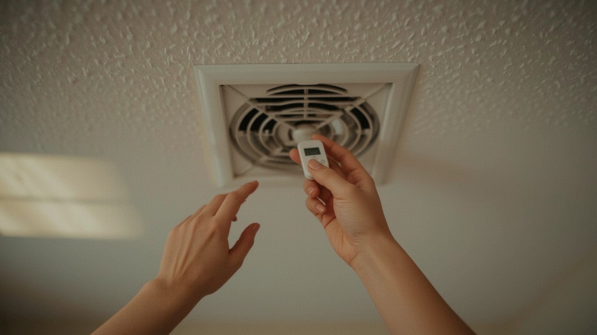 Hands holding digital thermometer near ceiling AC vent to check efficiency