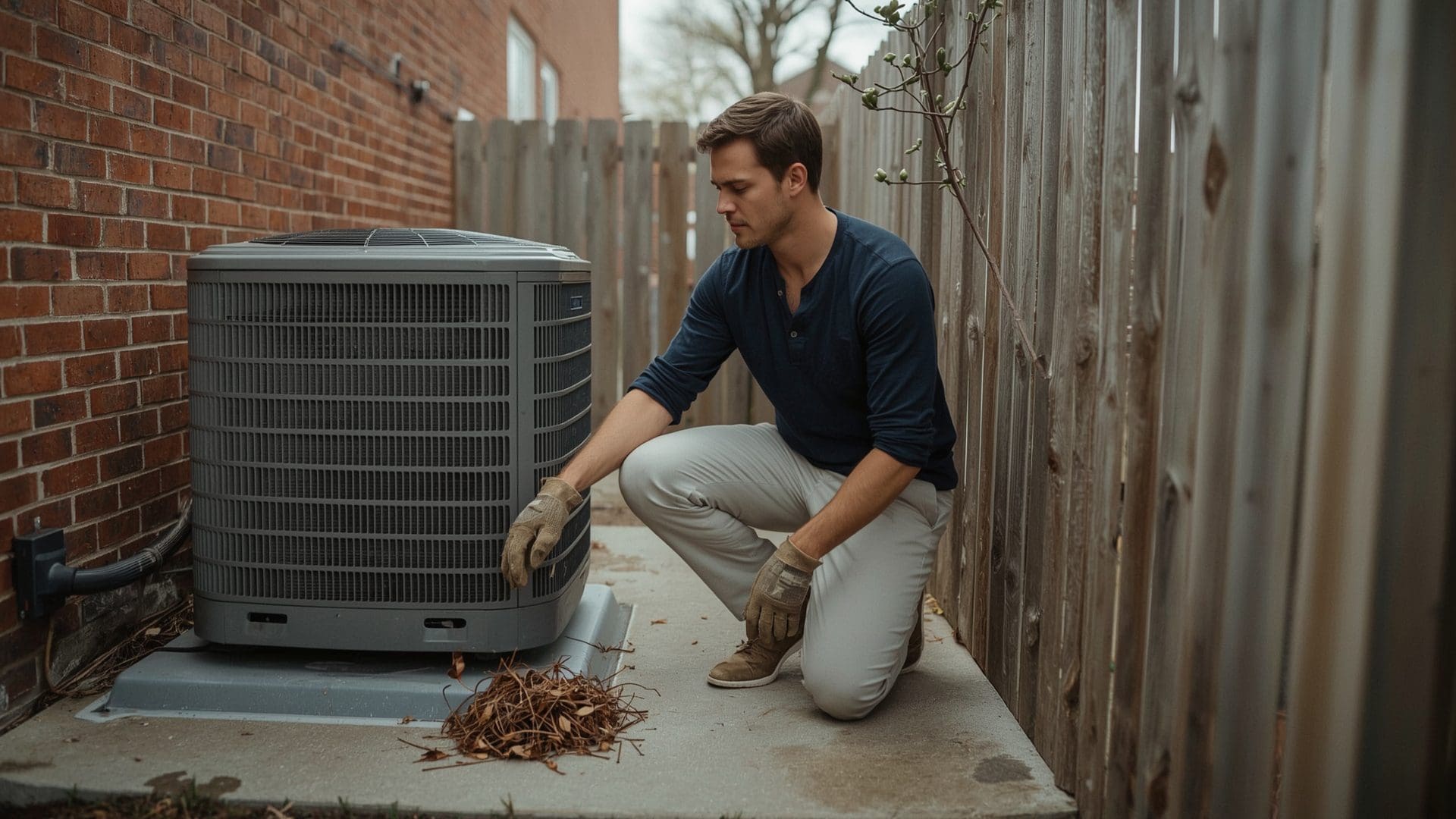 Homeowner clearing debris from outdoor AC condenser unit during spring startup
