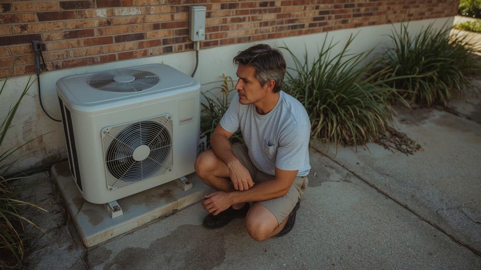 homeowner crouching beside silent AC outdoor unit checking for failure symptoms