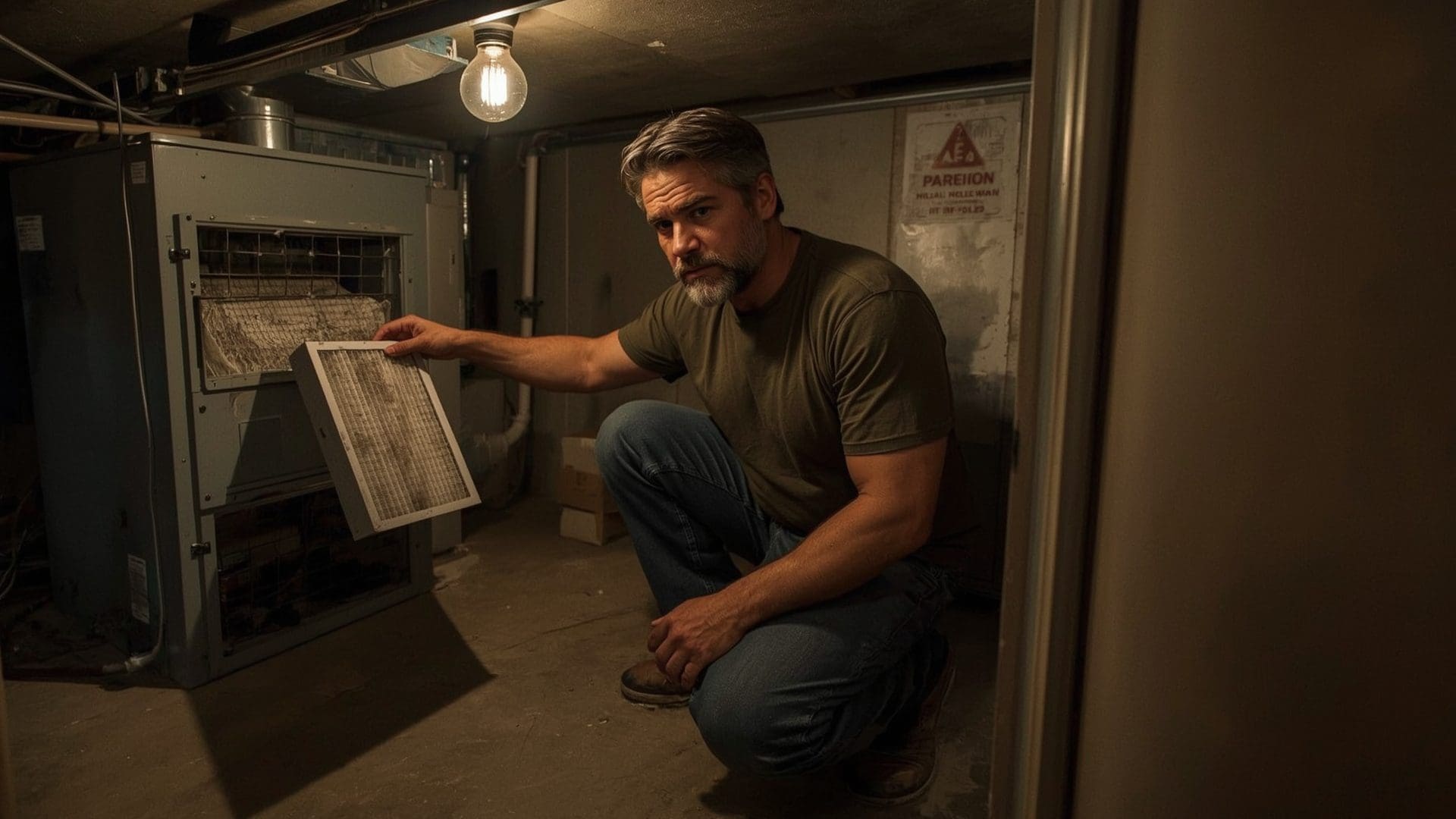 Homeowner replacing a clogged AC air filter in a utility closet