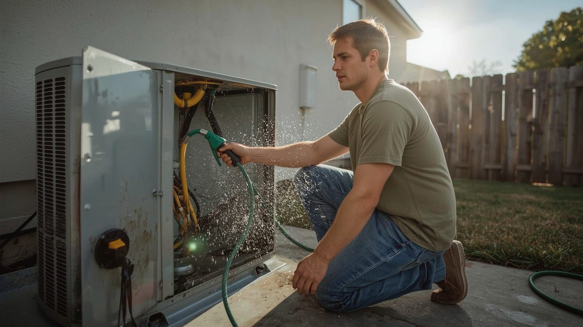 Homeowner rinsing AC condenser coils with garden hose during step-by-step cleaning