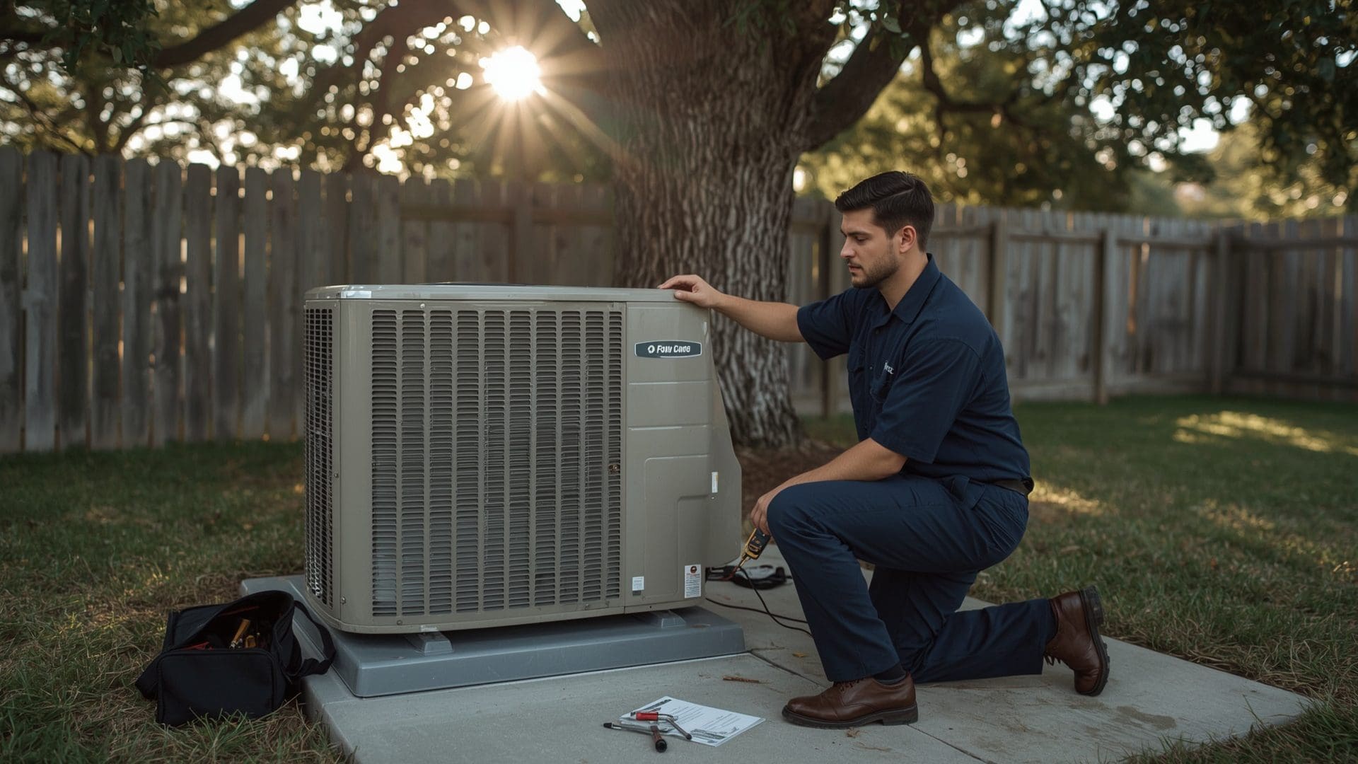 HVAC technician performing annual AC maintenance tune-up to prevent capacitor failure