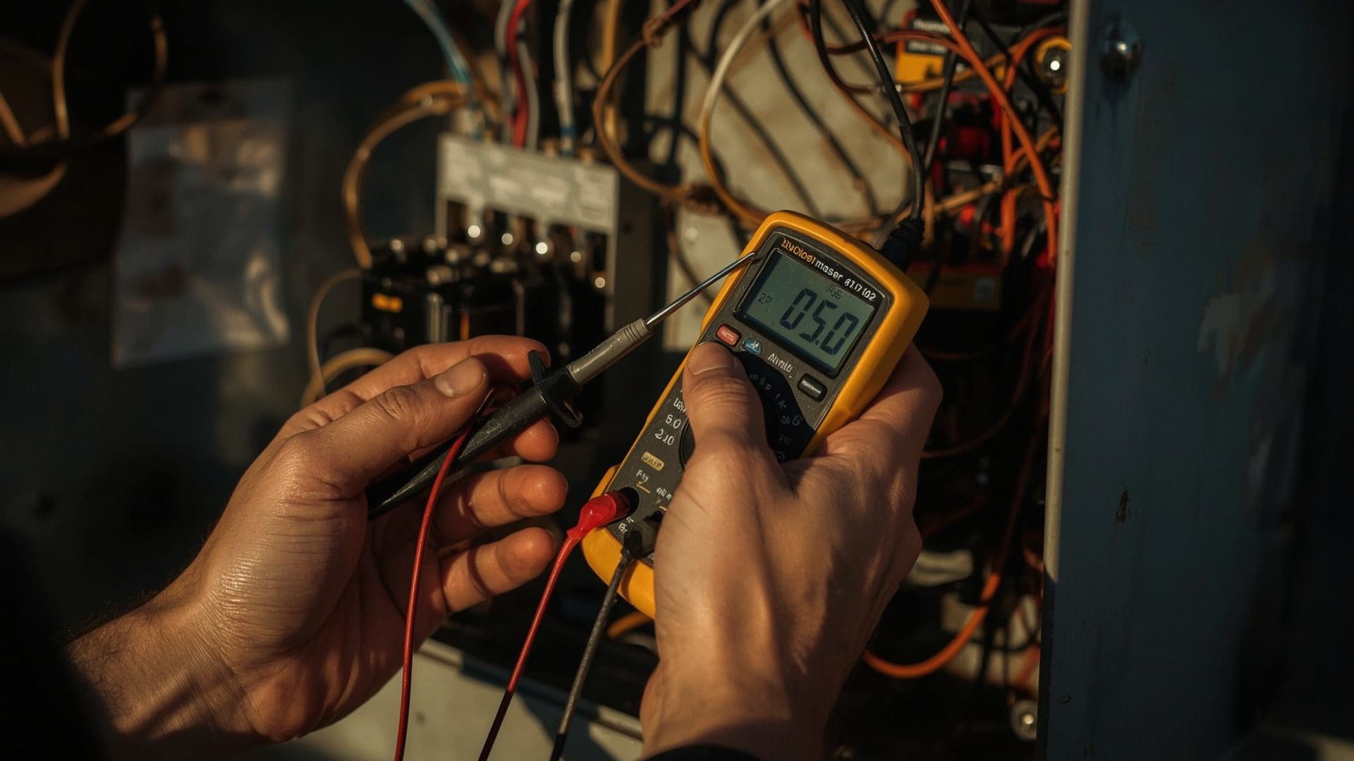 HVAC technician testing AC capacitor with digital multimeter measuring microfarads