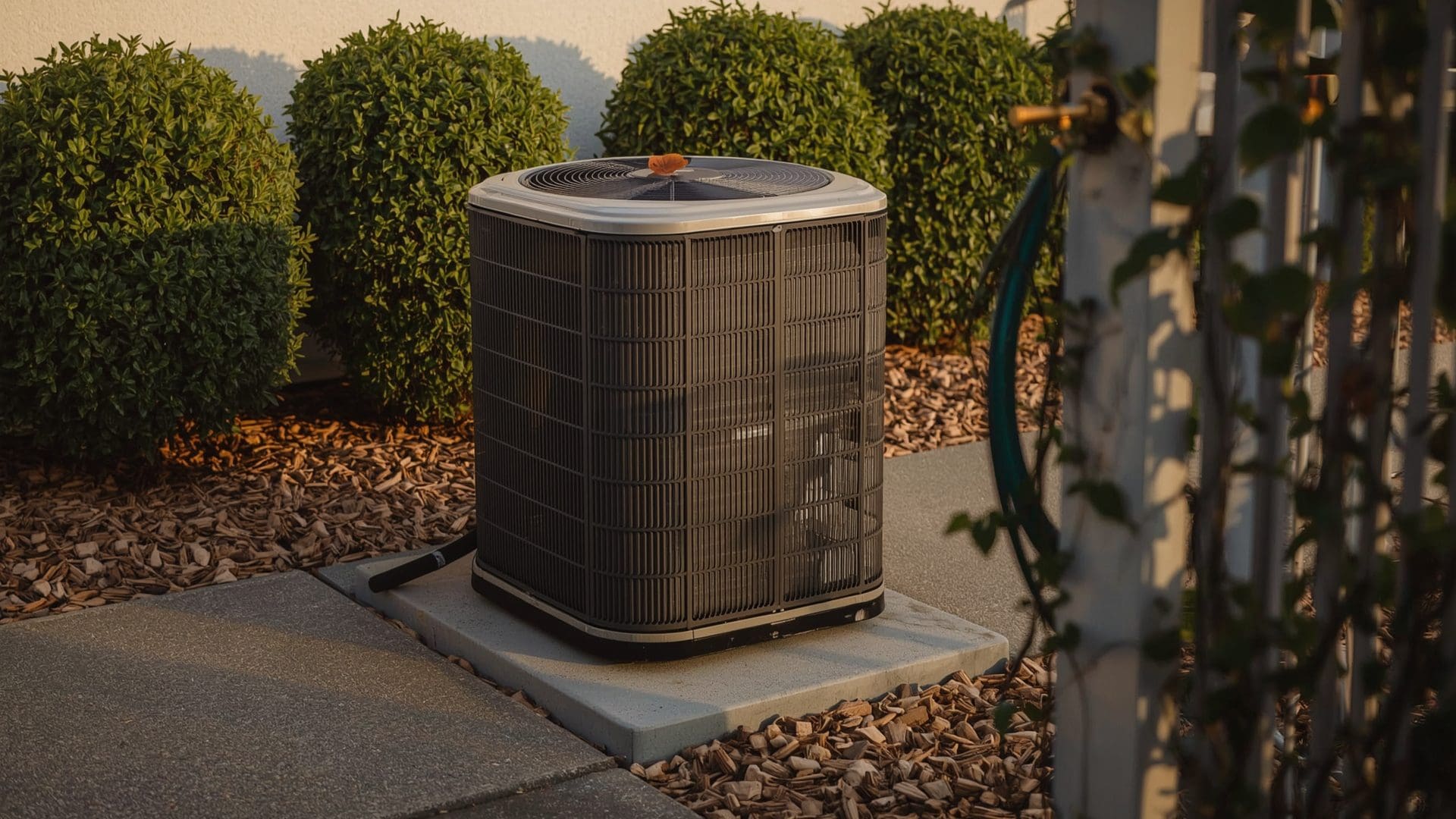 Well-maintained AC condenser unit with cleared landscaping and proper clearance spacing