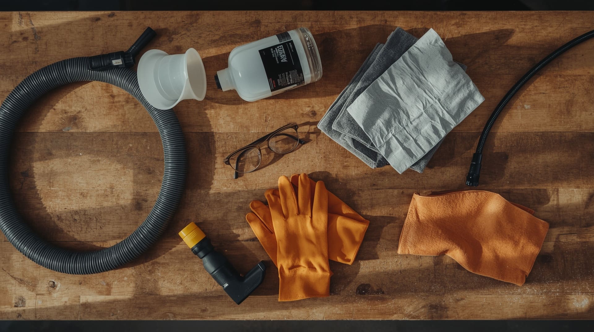 DIY tools and supplies for clearing a clogged AC drain line laid out on workbench