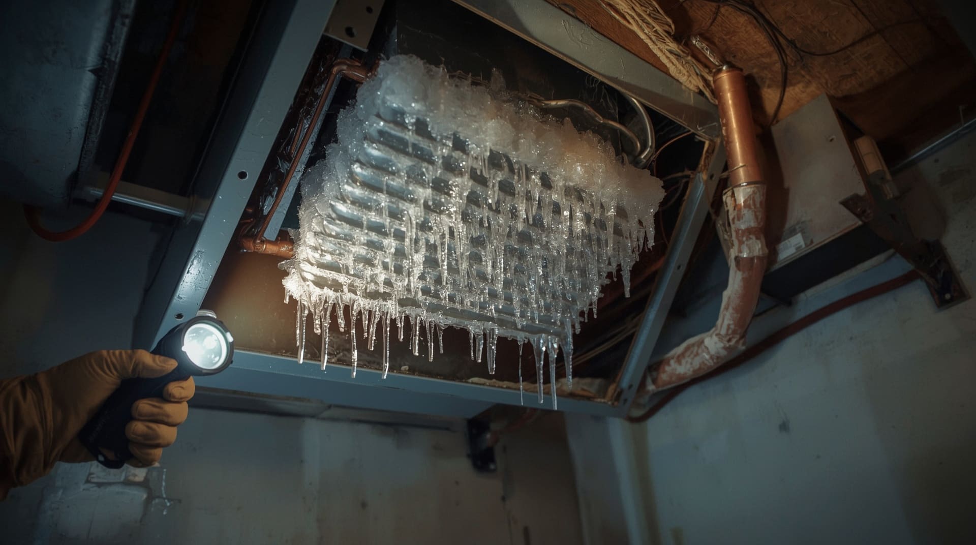 Frozen evaporator coil inside residential HVAC air handler unit