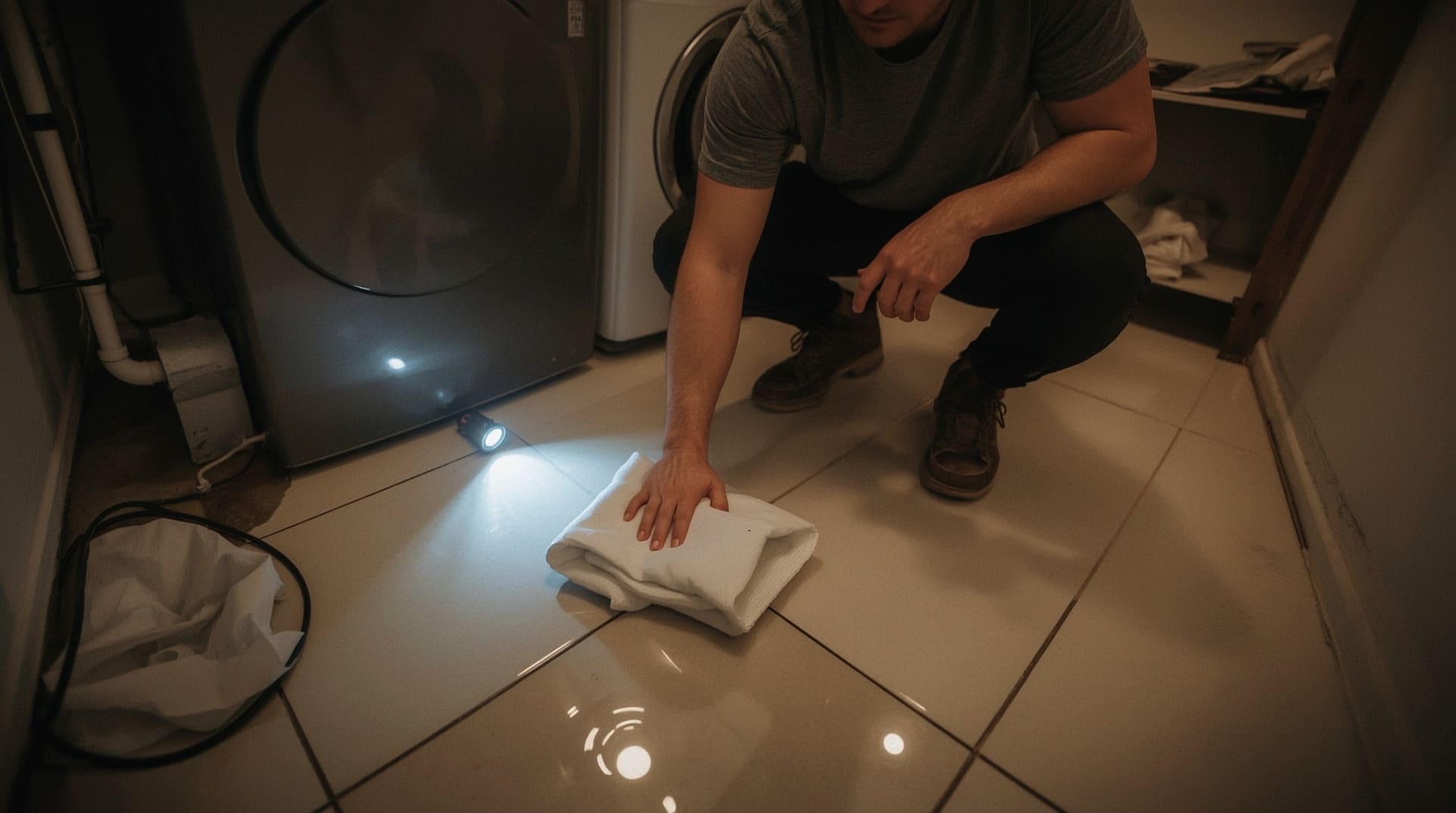 Homeowner crouching with towel and flashlight responding to AC overflow on laundry room floor
