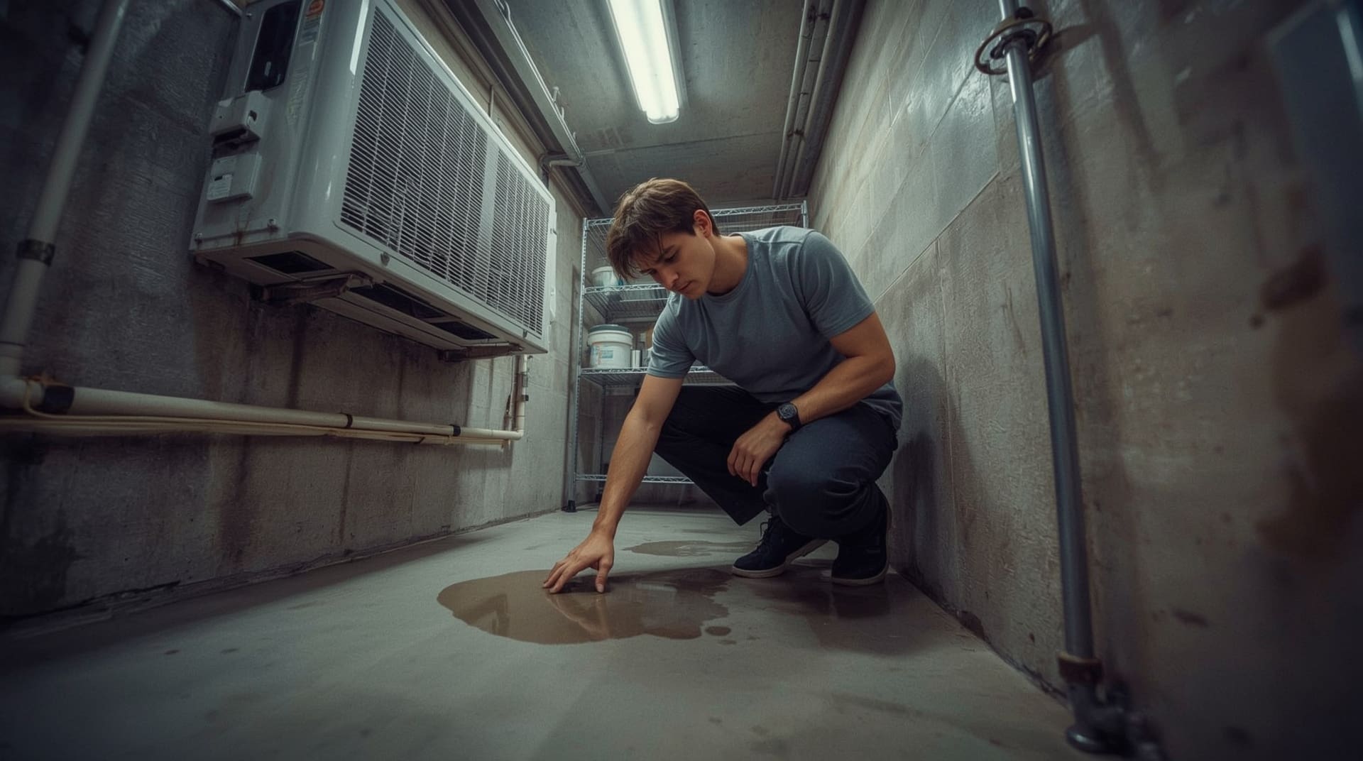 Homeowner inspecting water pooling near indoor AC air handler unit in utility room