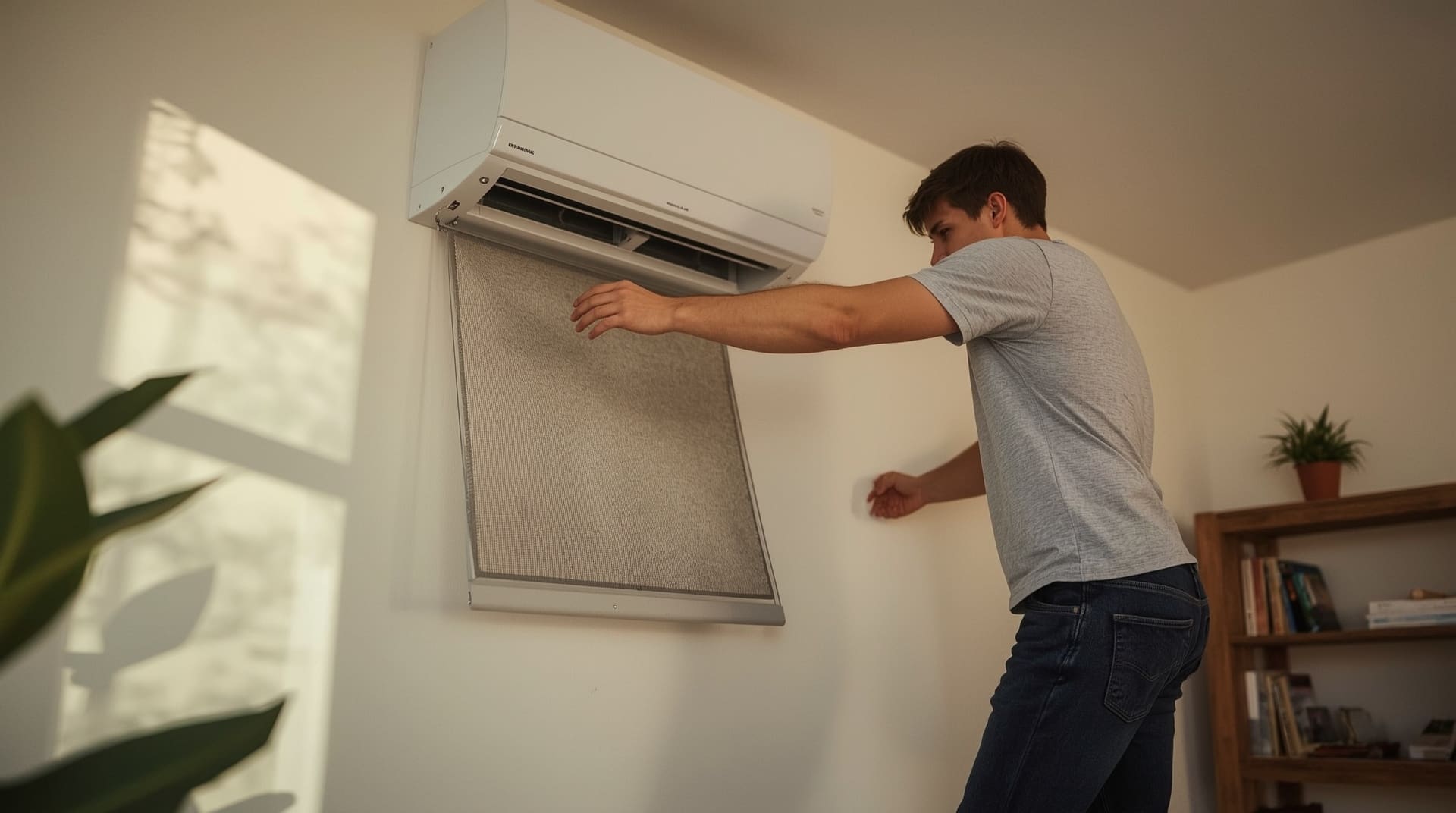 Homeowner removing dusty air filter from indoor mini split unit for cleaning