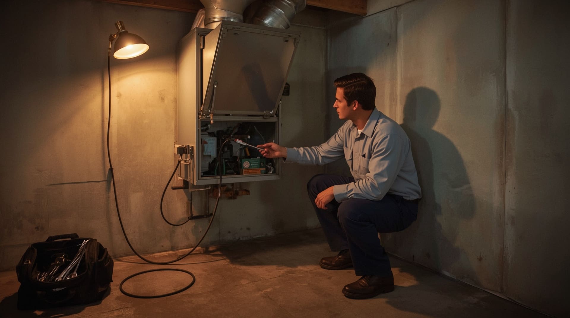 HVAC technician inspecting frozen evaporator coil inside residential air handler cabinet