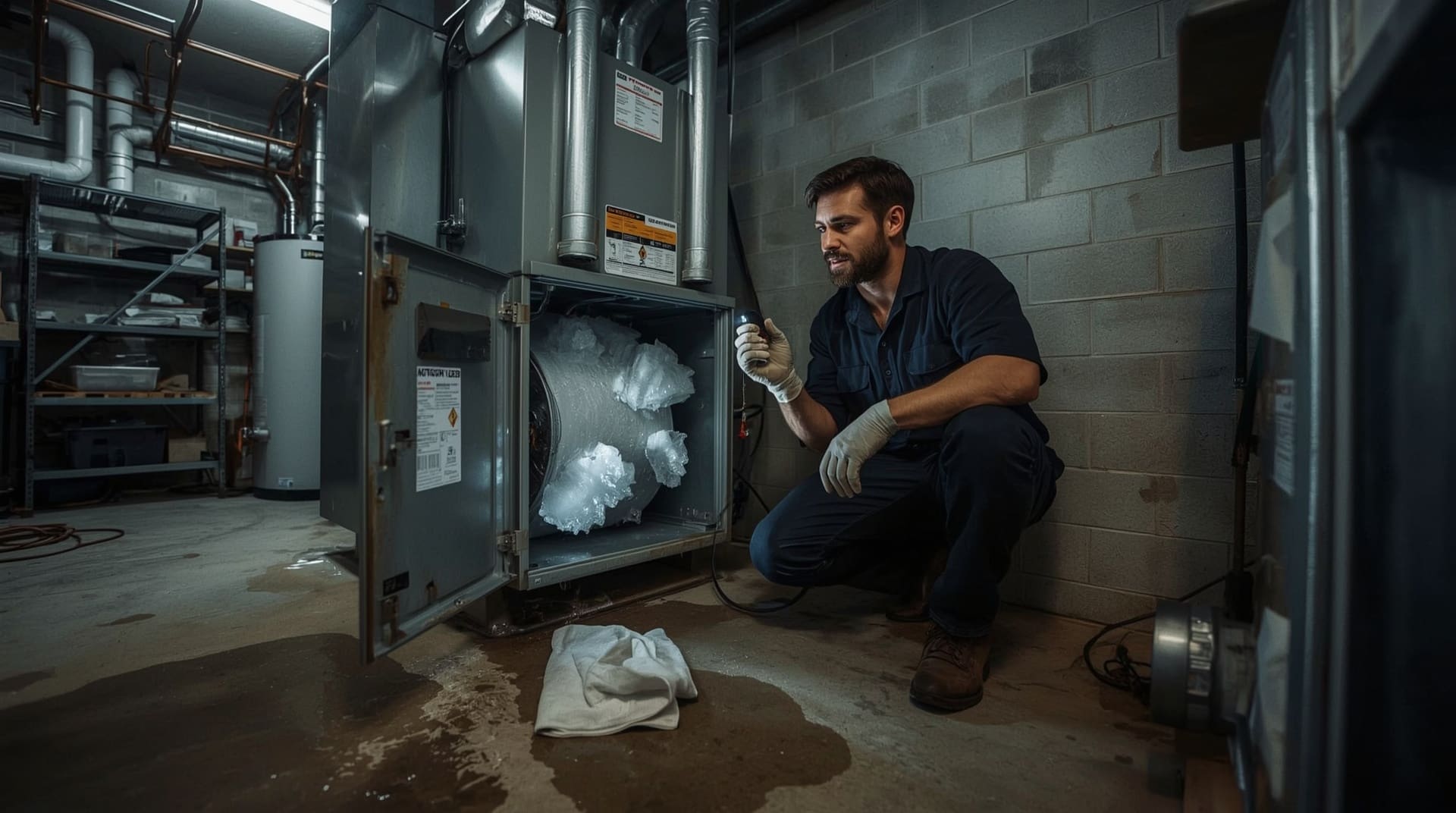 HVAC technician inspecting severely frozen evaporator coil inside damaged air handler cabinet