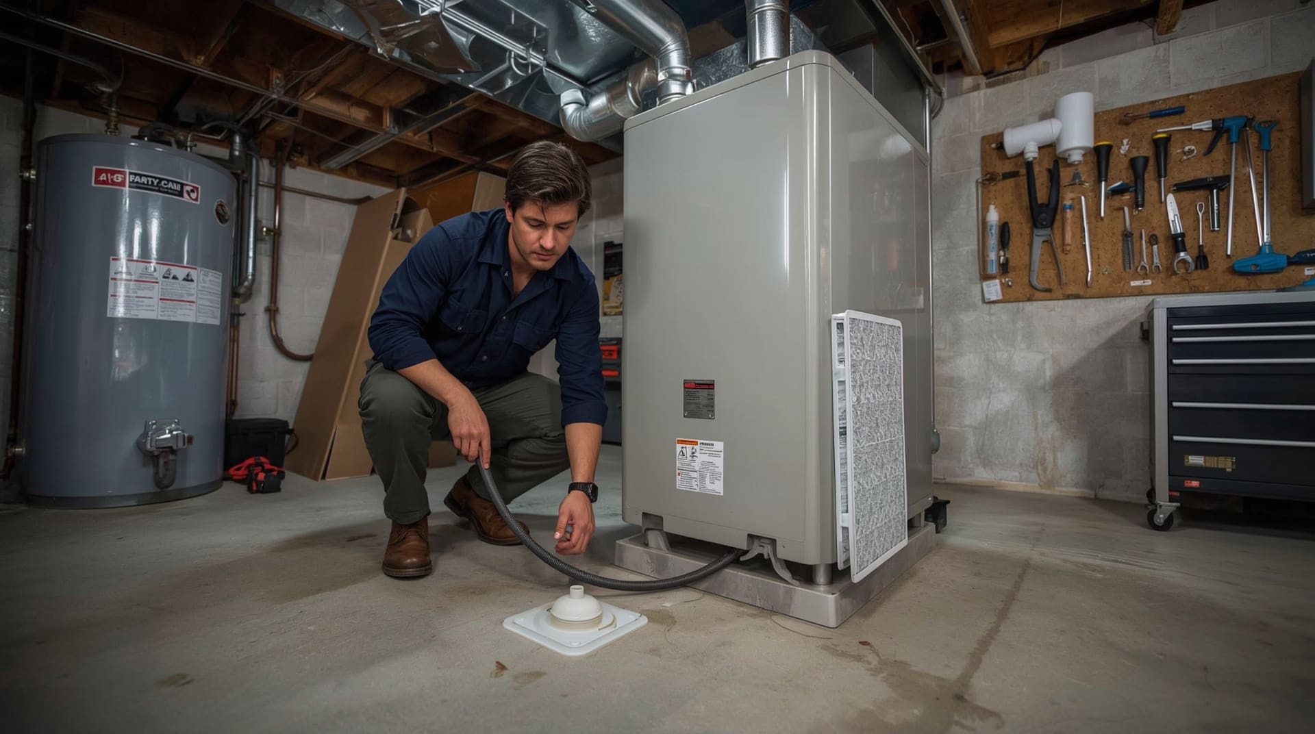 HVAC technician performing routine air conditioner maintenance and drain cleaning