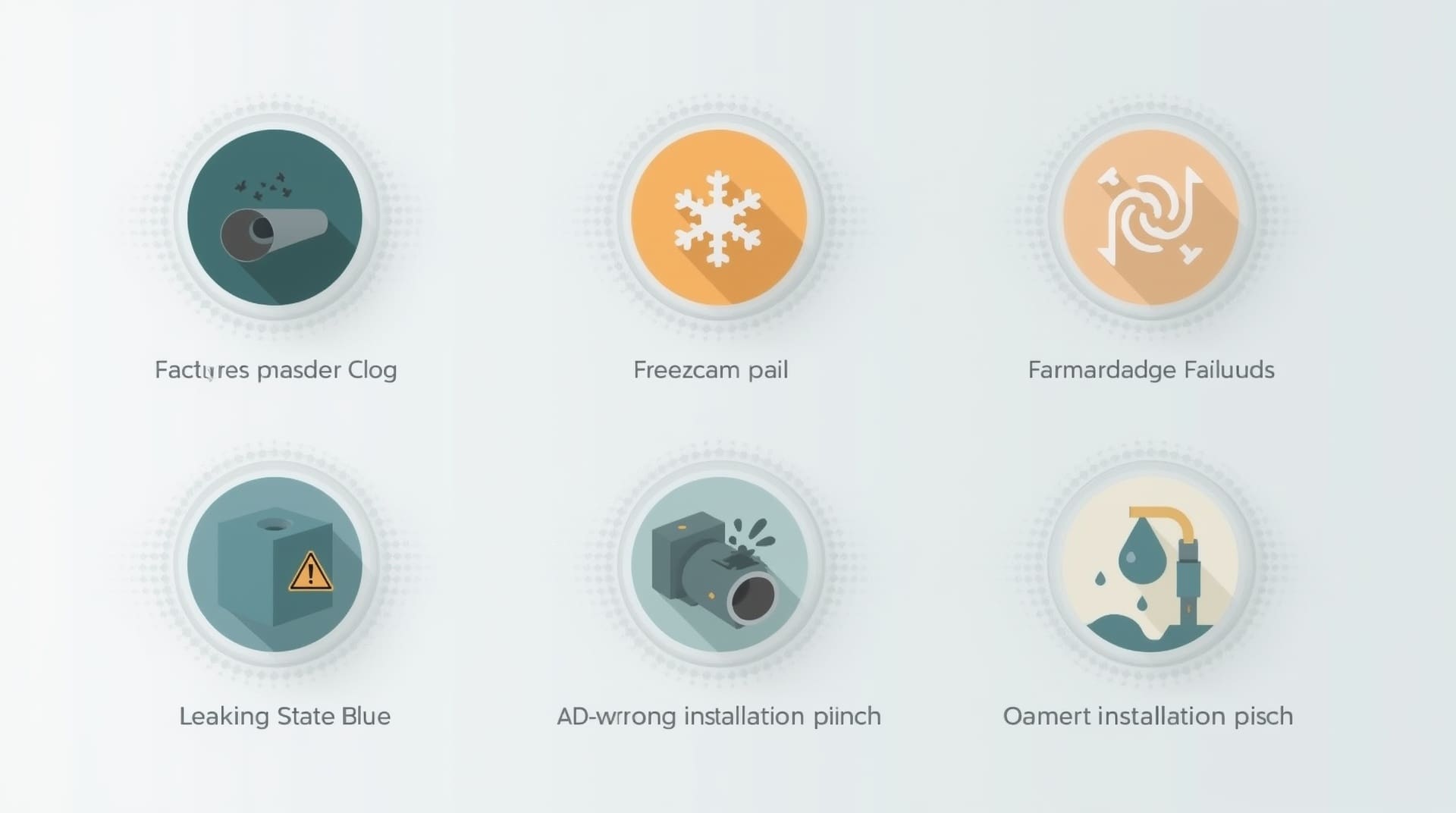 Infographic showing six common causes of central AC water leaks as visual icons
