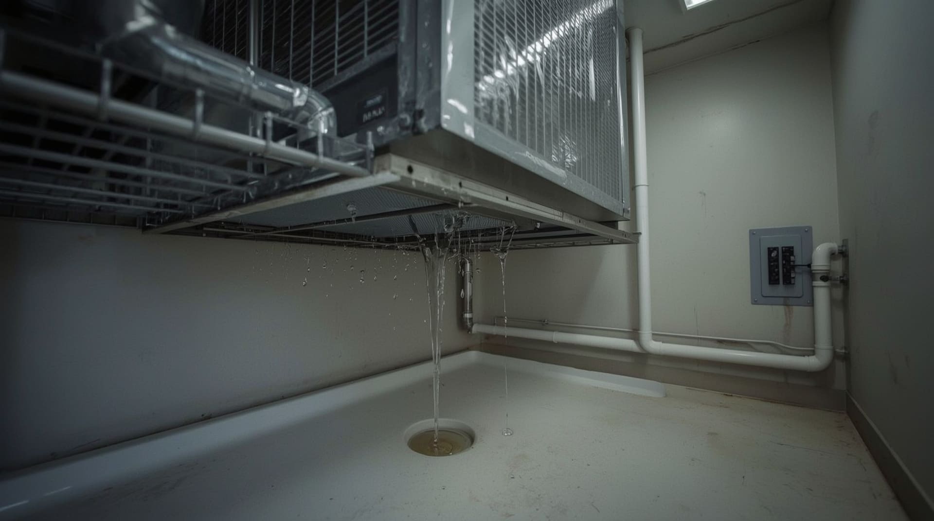 Residential AC air handler condensation dripping into white drain pan inside utility closet