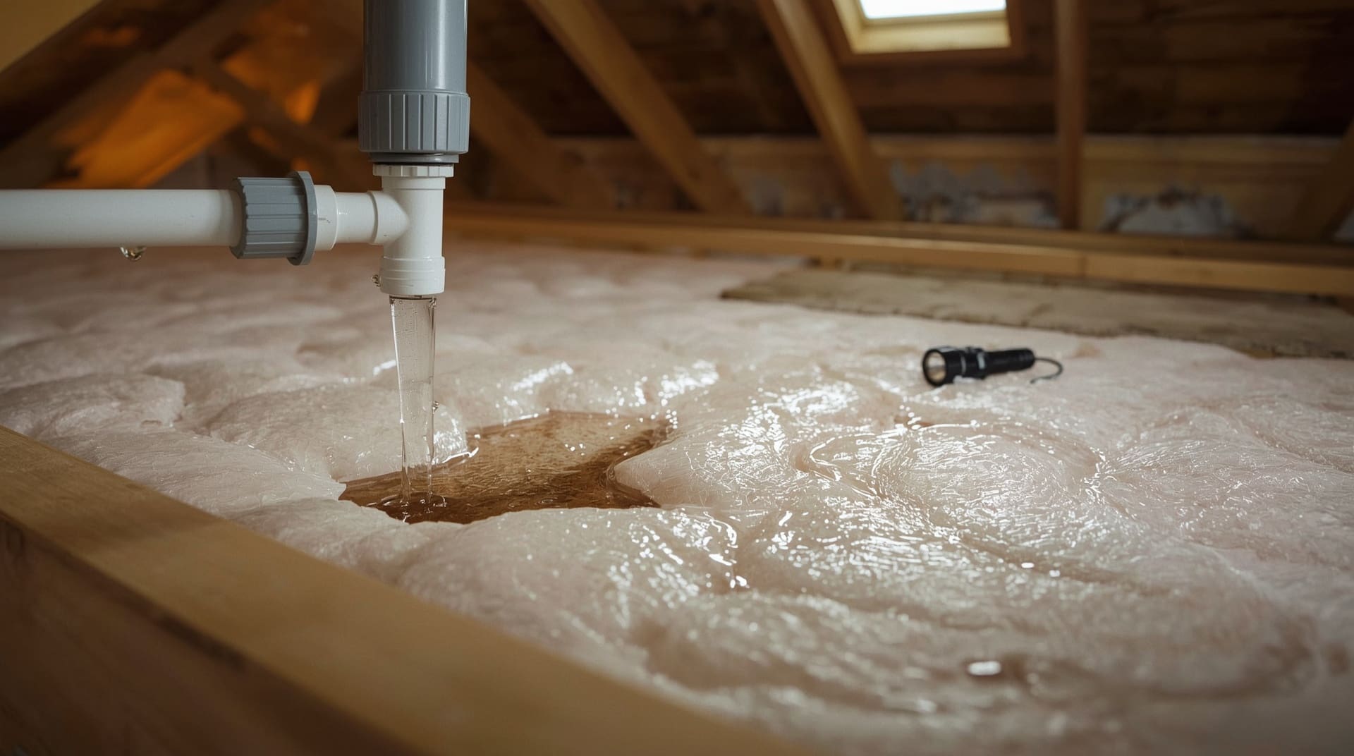 Water dripping from disconnected AC drain line onto wet attic insulation below