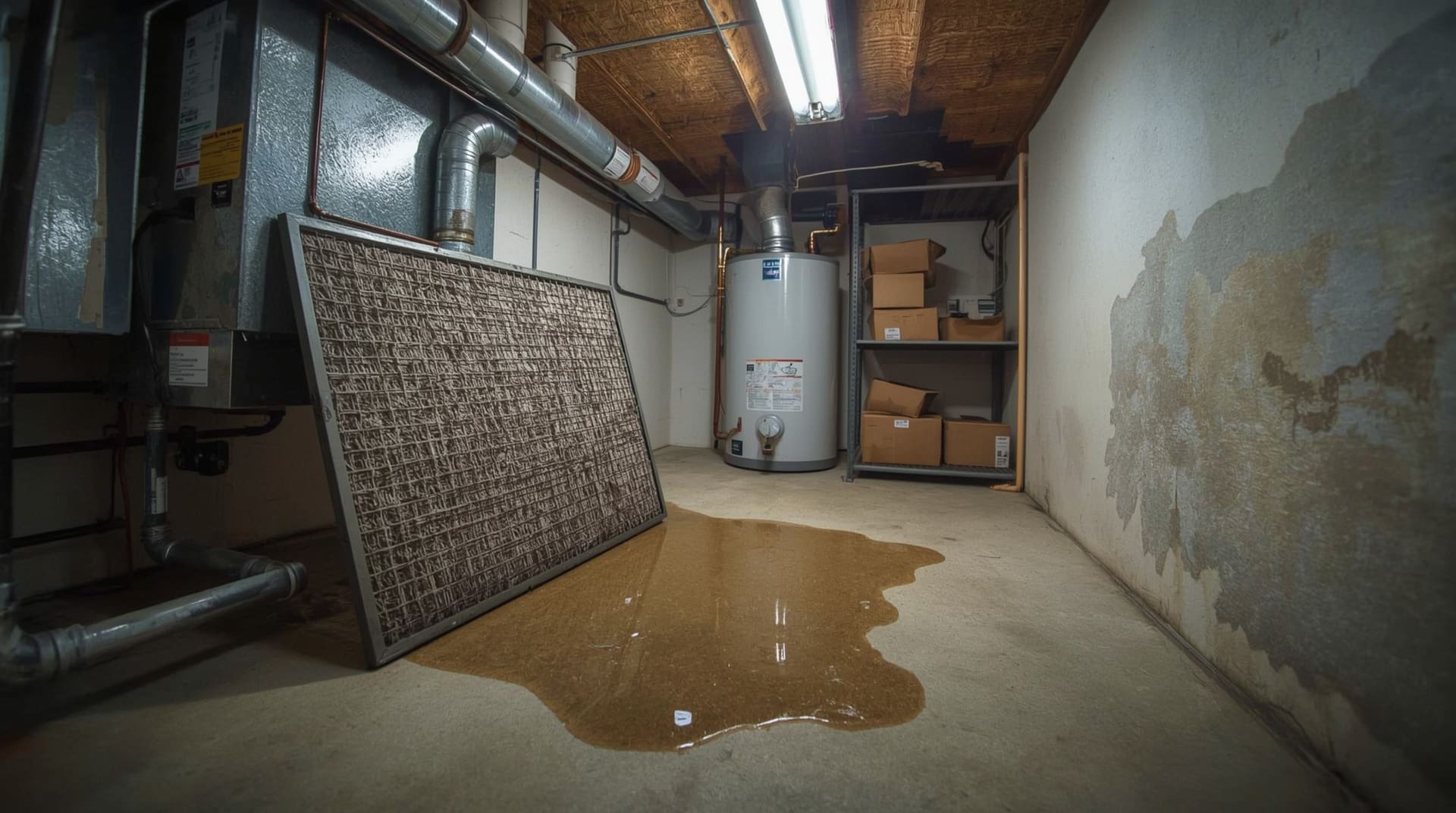 Water pooling beneath an indoor HVAC air handler caused by a clogged dirty air filter